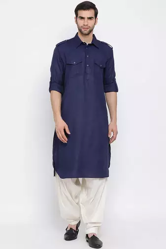 Men's solid pathani kurta and patiala pyjama set - navy blue