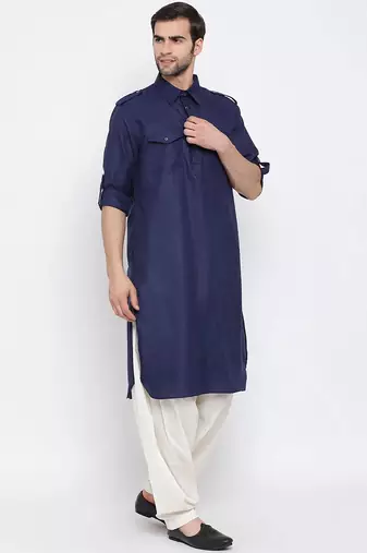 Men's solid pathani kurta and patiala pyjama set - navy blue