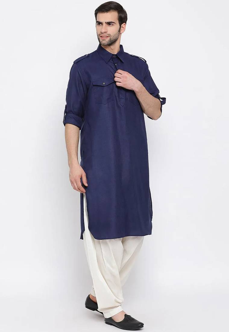 Men's solid pathani kurta and patiala pyjama set - navy blue