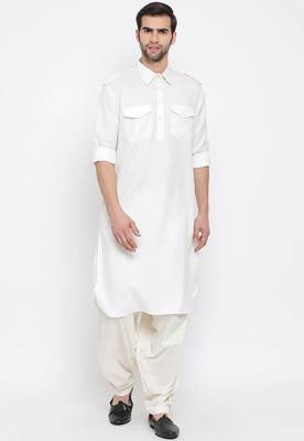 Men's solid pathani kurta and patiala pyjama set - white 1
