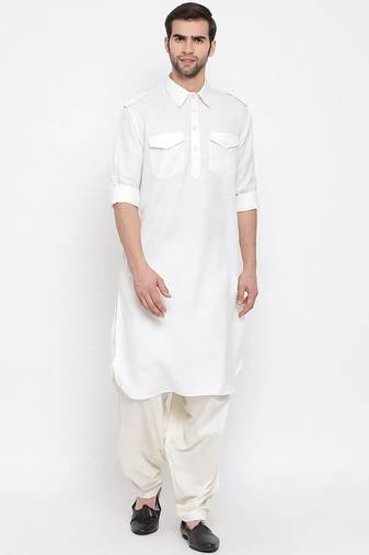 Men's solid pathani kurta and patiala pyjama set - white