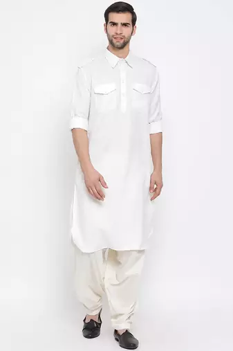 Men's solid pathani kurta and patiala pyjama set - white