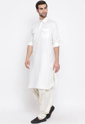 Men's solid pathani kurta and patiala pyjama set - white 3