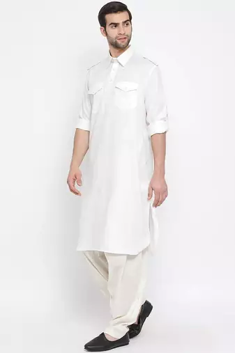 Men's solid pathani kurta and patiala pyjama set - white