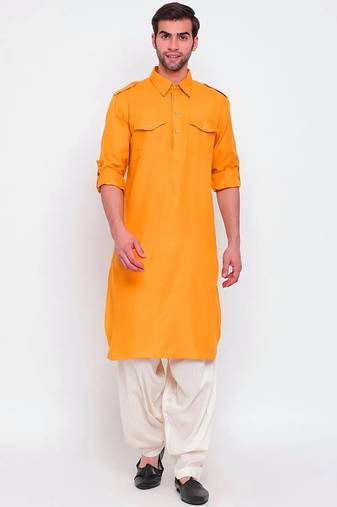 Men's solid pathani kurta and patiala pyjama set - yellow