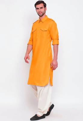 Men's solid pathani kurta and patiala pyjama set - yellow 2