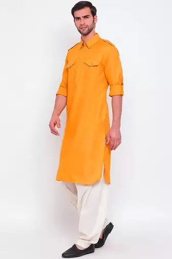 Men's solid pathani kurta and patiala pyjama set - yellow