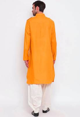 Men's solid pathani kurta and patiala pyjama set - yellow 3