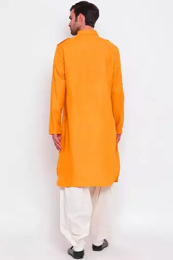 Men's solid pathani kurta and patiala pyjama set - yellow