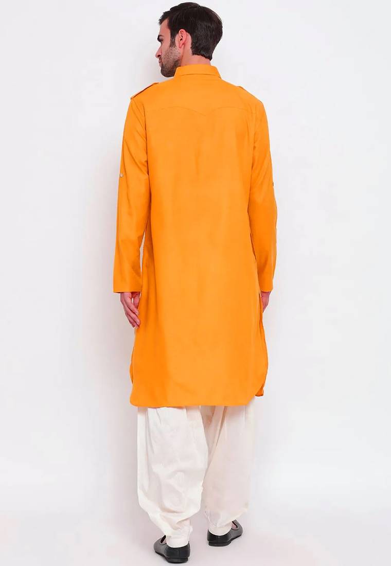 Men's solid pathani kurta and patiala pyjama set - yellow