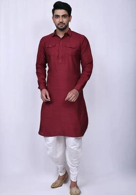 Men's solid pathani kurta and patiala pyjama set - maroon 1