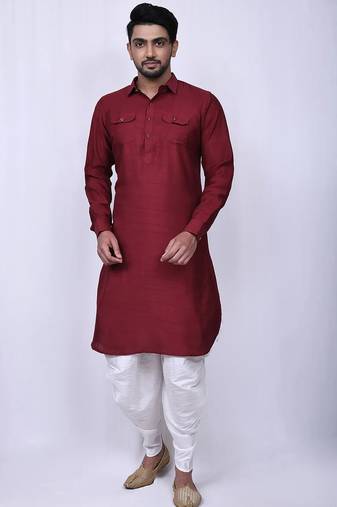 Men's solid pathani kurta and patiala pyjama set - maroon