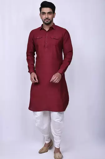 Men's solid pathani kurta and patiala pyjama set - maroon
