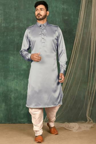 Men's solid pathani kurta and patiala pyjama set - grey