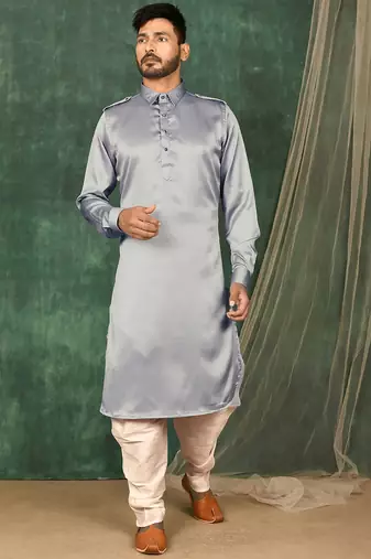 Men's solid pathani kurta and patiala pyjama set - grey
