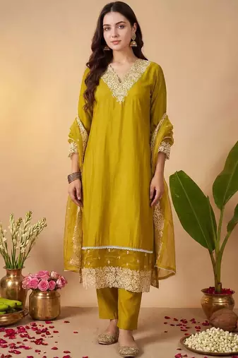 Women Ethnic Motifs Embroidered Thread Work Kurta With Trousers & Dupatta