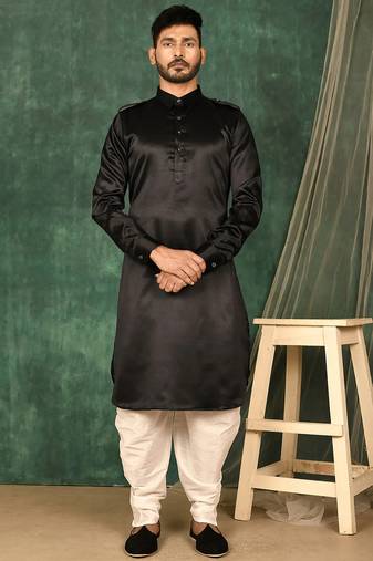Men's solid pathani kurta and patiala pyjama set - black