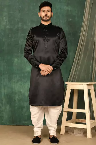 Men's solid pathani kurta and patiala pyjama set - black