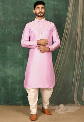 Men's solid pathani kurta and patiala pyjama set - pink 1