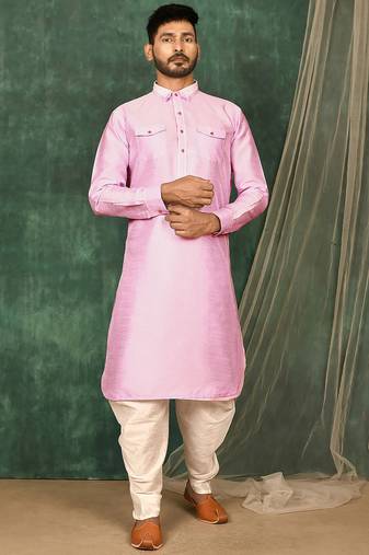 Men's solid pathani kurta and patiala pyjama set - pink