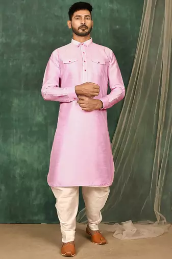 Men's solid pathani kurta and patiala pyjama set - pink