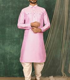 Men's solid pathani kurta and patiala pyjama set - pink