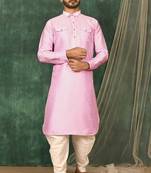 Men's solid pathani kurta and patiala pyjama set - pink