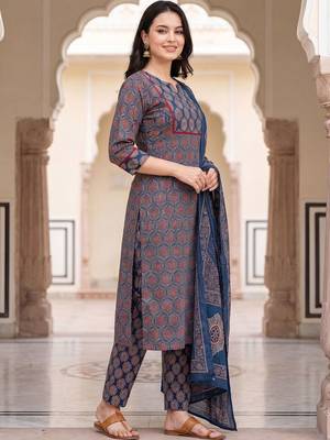 Women Ethnic Motifs Printed Cotton Kurta with Trousers & With Dupatta 1