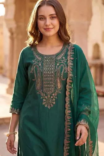 Women Ethnic Motifs Embroidered Thread Work Liva Kurta with Trousers & With Dupatta