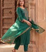 Women Ethnic Motifs Embroidered Thread Work Liva Kurta with Trousers & With Dupatta