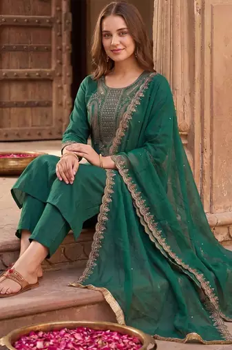 Women Ethnic Motifs Embroidered Thread Work Liva Kurta with Trousers & With Dupatta