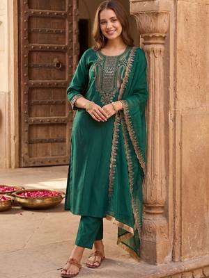 Women Ethnic Motifs Embroidered Thread Work Liva Kurta with Trousers & With Dupatta 6