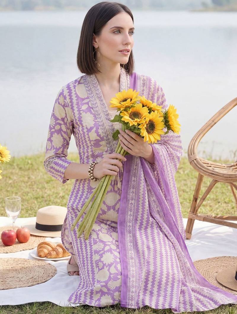 Women Floral Printed Panelled Mirror Work Cotton Kurta with Trousers & With Dupatta