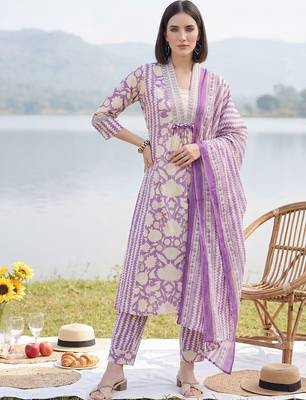 Women Floral Printed Panelled Mirror Work Cotton Kurta with Trousers & With Dupatta 2