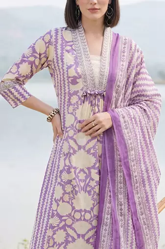 Women Floral Printed Panelled Mirror Work Cotton Kurta with Trousers & With Dupatta
