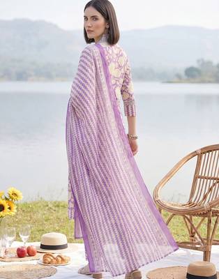 Women Floral Printed Panelled Mirror Work Cotton Kurta with Trousers & With Dupatta 5