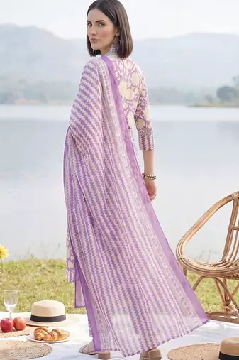 Women Floral Printed Panelled Mirror Work Cotton Kurta with Trousers & With Dupatta