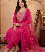Women Ethnic Motifs Embroidered Regular Kurta with Trousers & With Dupatta