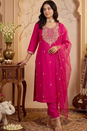Women Ethnic Motifs Embroidered Regular Kurta with Trousers & With Dupatta