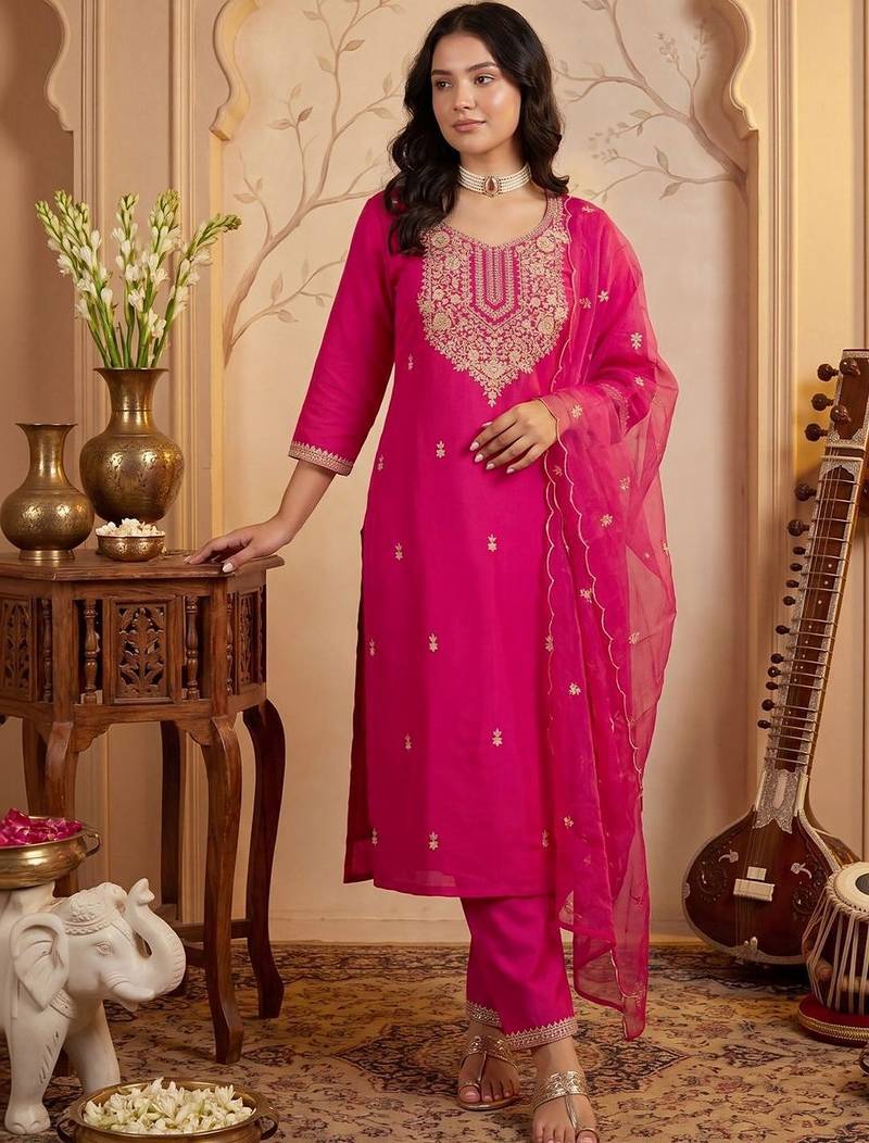 Women Ethnic Motifs Embroidered Regular Kurta with Trousers & With Dupatta