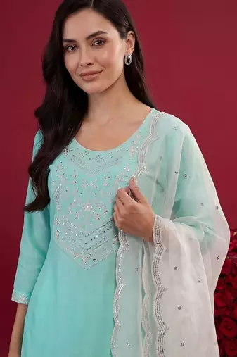 Women Ethnic Motifs Embroidered Mirror Work Kurta with Trousers & With Dupatta