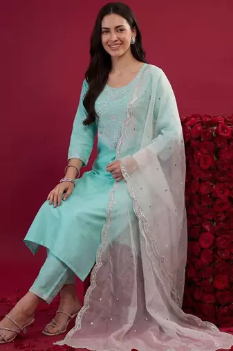 Women Ethnic Motifs Embroidered Mirror Work Kurta with Trousers & With Dupatta