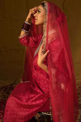 Ethnic Motifs Embroidered Chanderi Silk Straight Kurta With Trousers & Dupatta