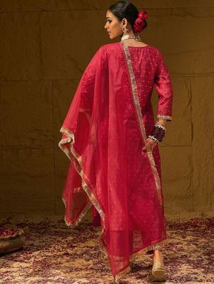 Ethnic Motifs Embroidered Chanderi Silk Straight Kurta With Trousers & Dupatta 3