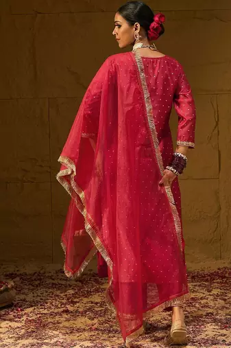 Ethnic Motifs Embroidered Chanderi Silk Straight Kurta With Trousers & Dupatta