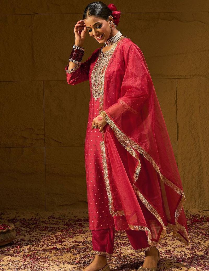 Ethnic Motifs Embroidered Chanderi Silk Straight Kurta With Trousers & Dupatta