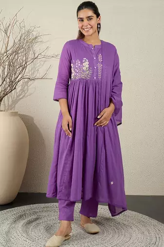 Floral Embroidered Anarkali Thread Work Cotton Kurta With Trousers & Dupatta