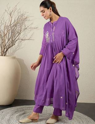 Floral Embroidered Anarkali Thread Work Cotton Kurta With Trousers & Dupatta 3