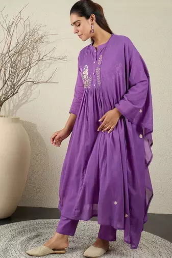 Floral Embroidered Anarkali Thread Work Cotton Kurta With Trousers & Dupatta