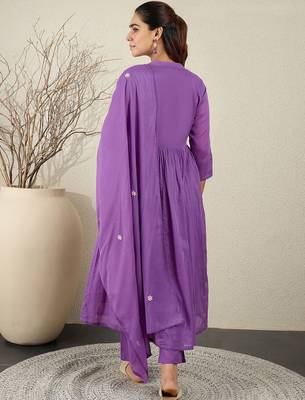 Floral Embroidered Anarkali Thread Work Cotton Kurta With Trousers & Dupatta 4